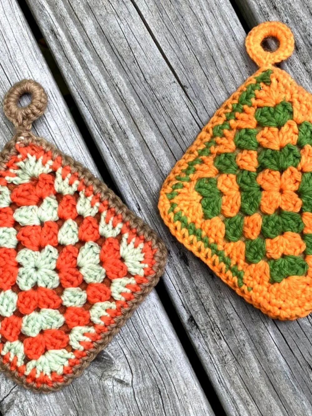 Granny square Potholders Double-sided 7 X 7 Handmade Green Orange Brown Crochet